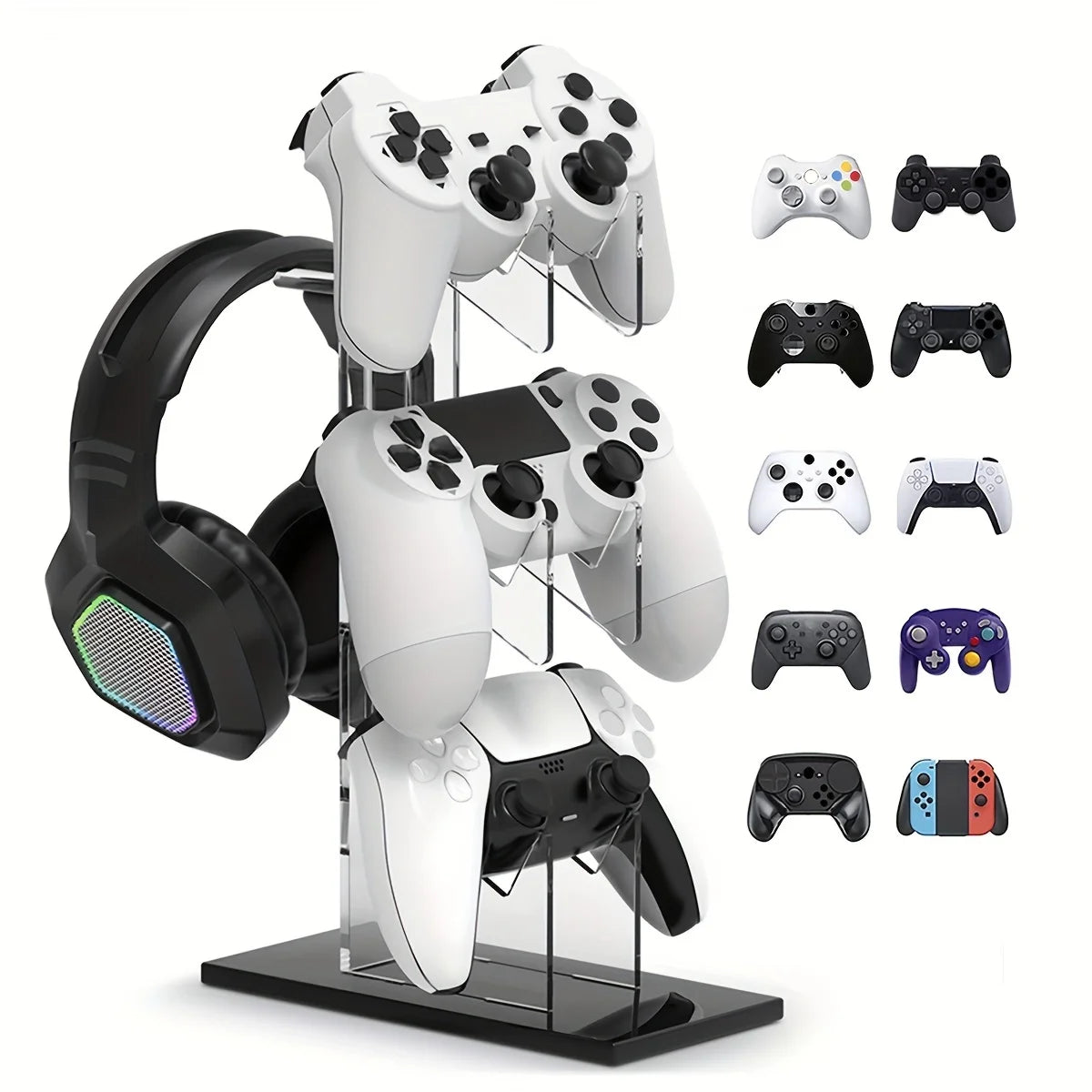 Support de Manettes & Casque 3 Niveaux – Compatible PS5, PS4, Xbox, Switch – Acrylique Transparent