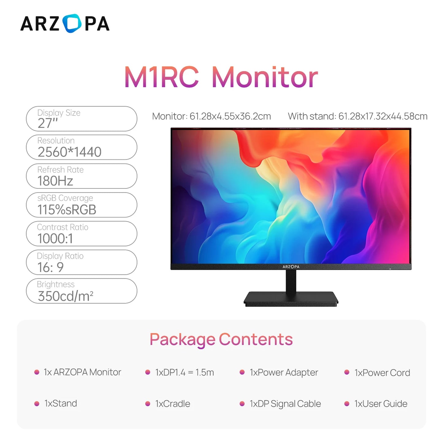 ARZOPA M1RC – Moniteur Gaming 27" QHD 2K, 180Hz, IPS, FreeSync, 1ms