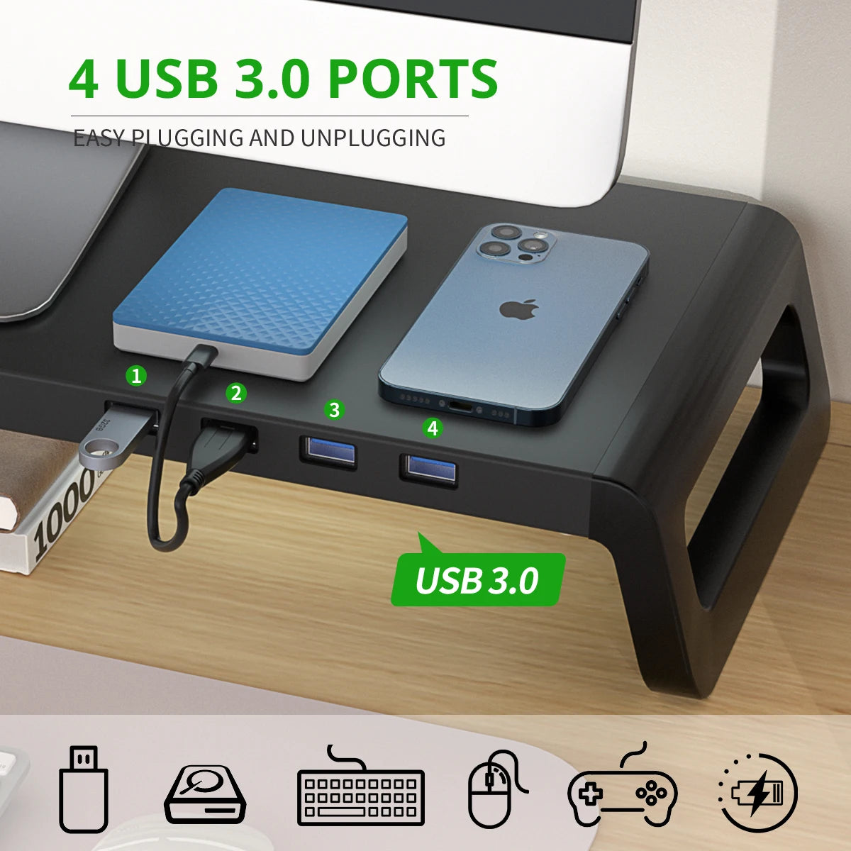 Support de Moniteur Ergonomique avec Rangement & Hub USB 3.0