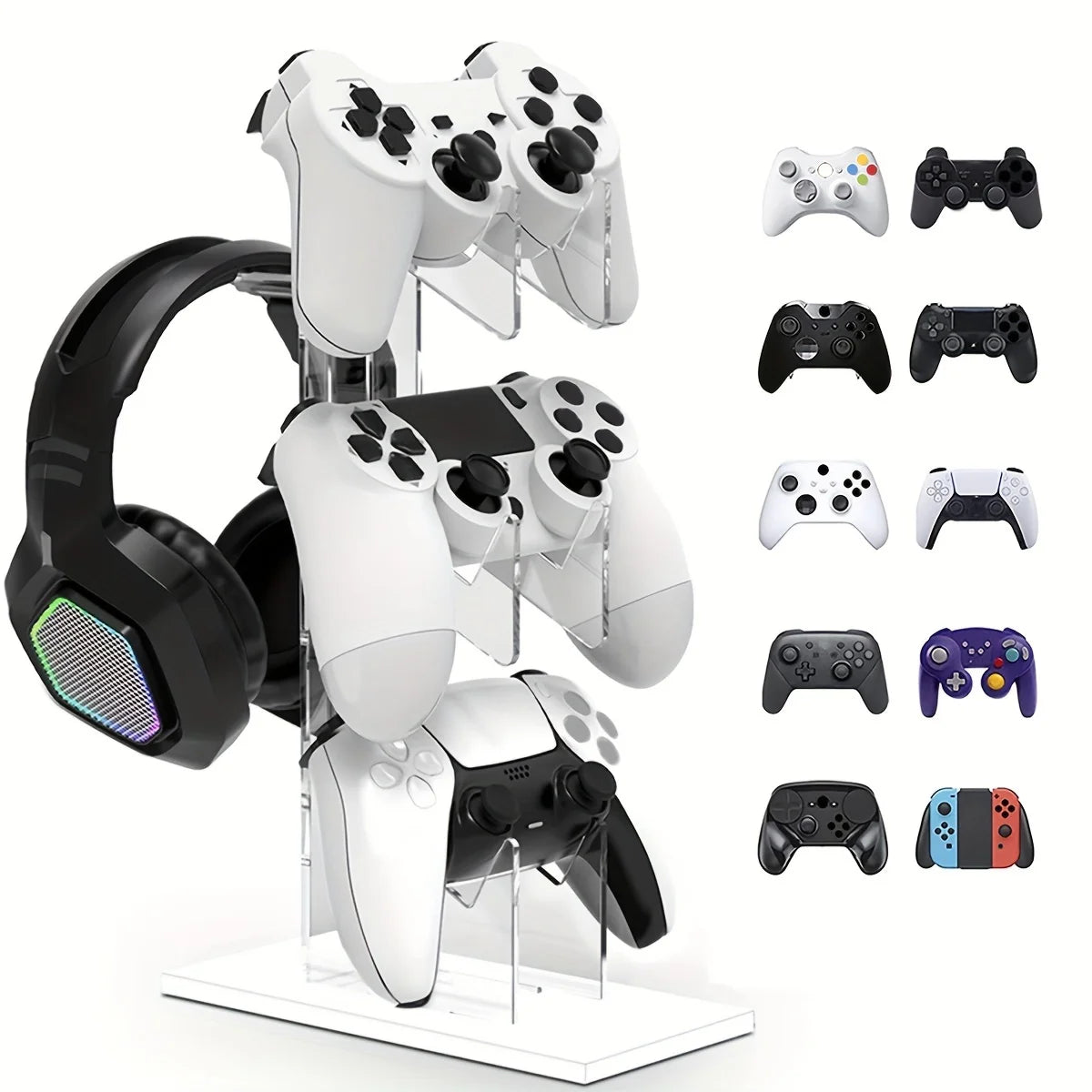 Support de Manettes & Casque 3 Niveaux – Compatible PS5, PS4, Xbox, Switch – Acrylique Transparent