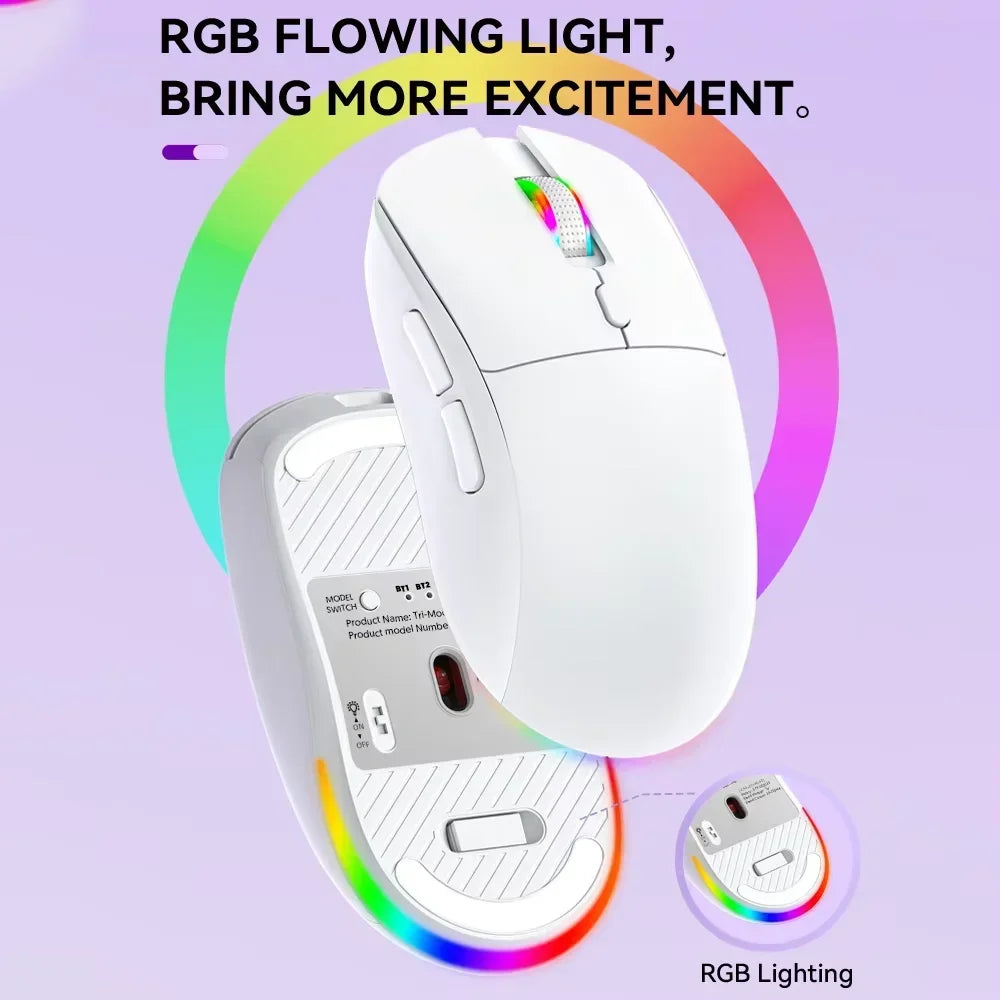 Souris de Jeu Tri‑Mode 4800 DPI – Bluetooth, 2,4 GHz & Filaire, RGB, Rechargeable