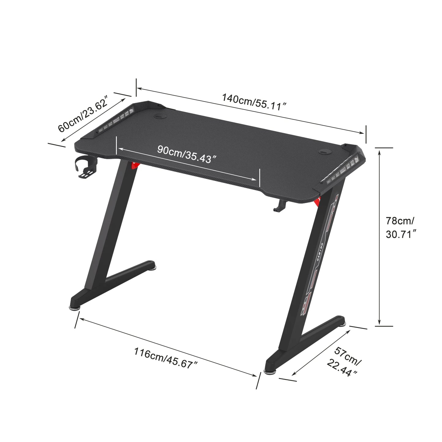 Bureau Gaming RGB 140 cm – LED Dynamiques, Plateau XXL, Pieds Métal Robustes