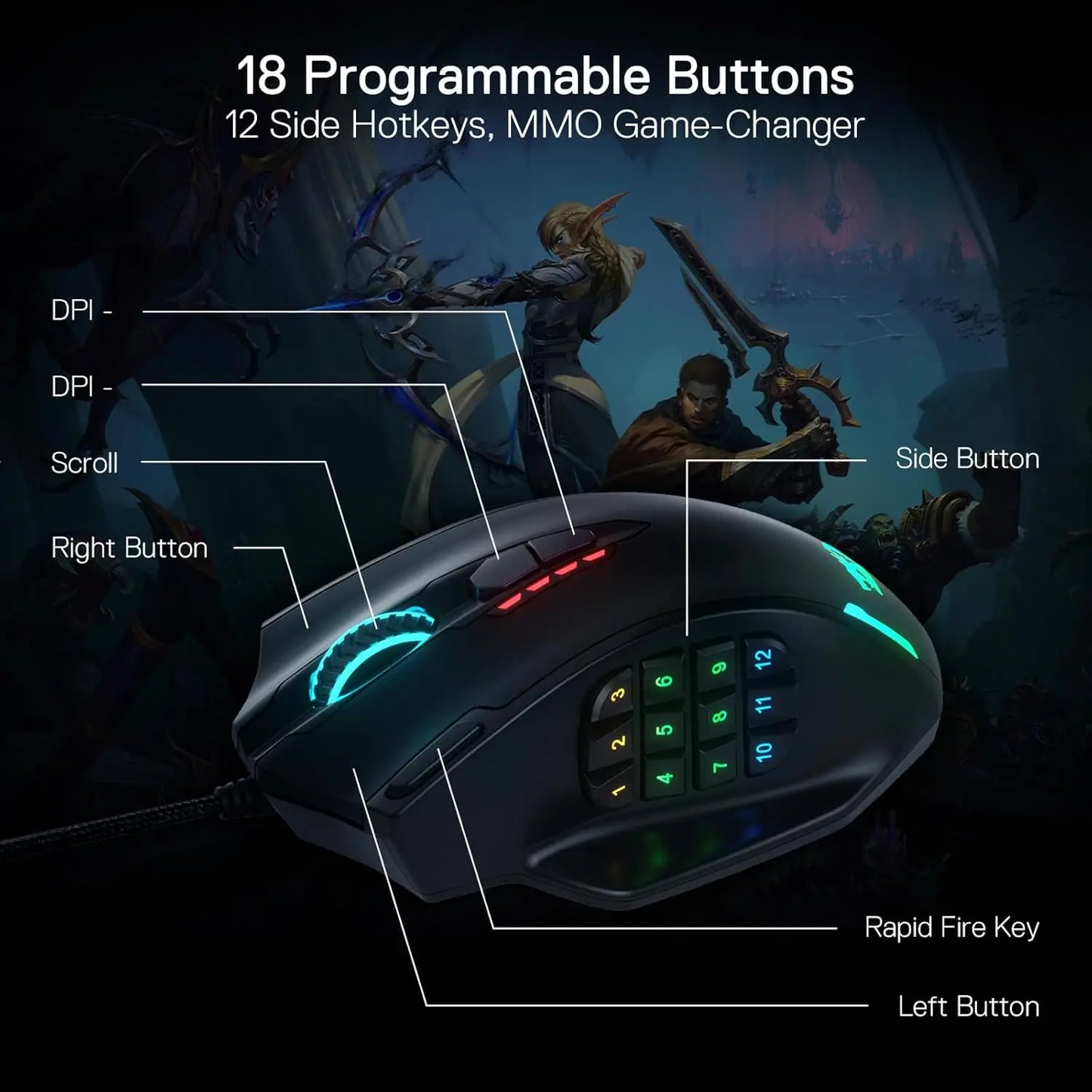 Redragon M908 Impact – Souris Gaming Filaire RGB, 12400 DPI, 18 Boutons Programmables, Poids Ajustable