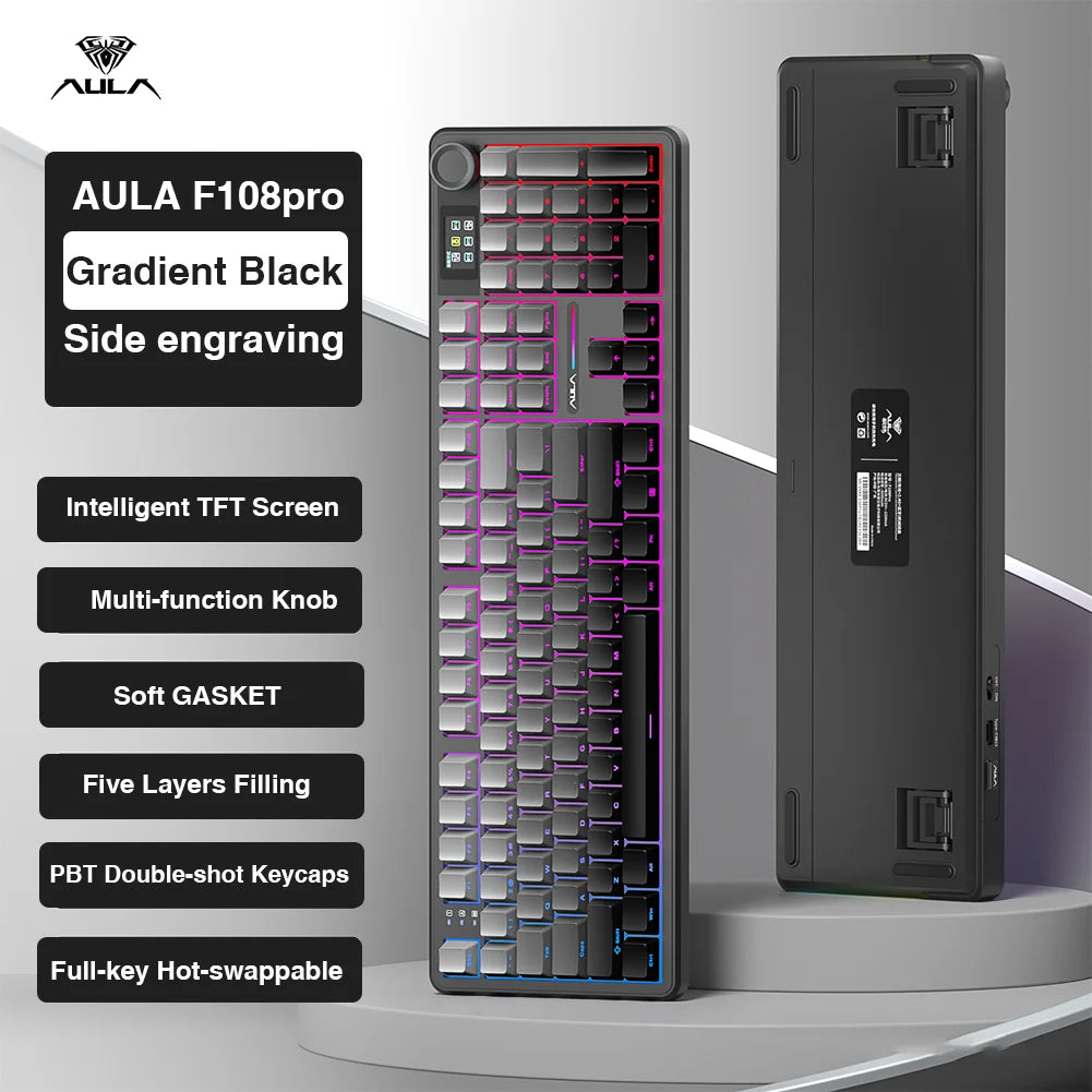 Clavier Mécanique AULA F108 Pro – Sans Fil Bluetooth, Écran TFT Intelligent, Hot-Swap, RGB