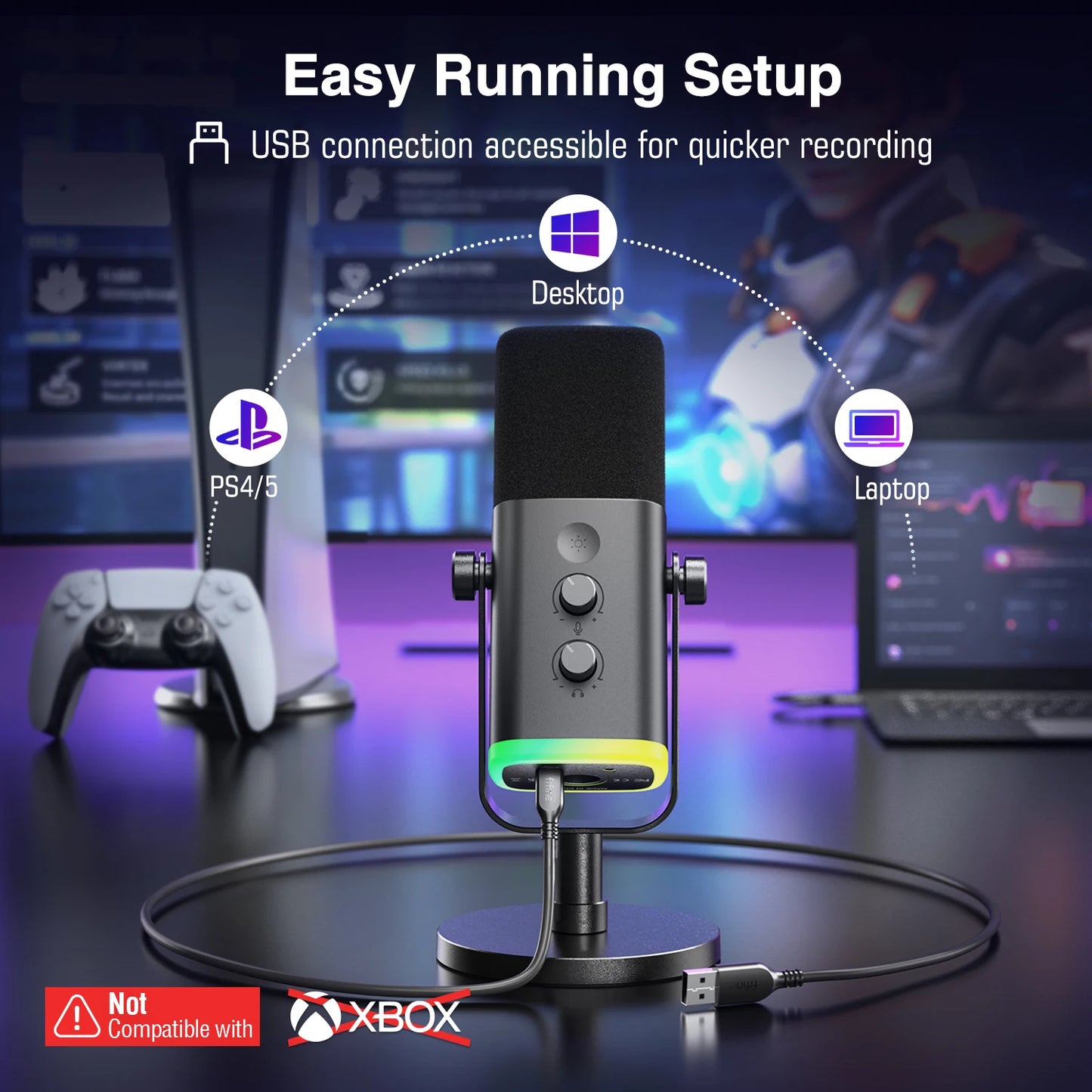 Microphone Gamer & Streaming FIFINE AM8 – Dynamique USB/XLR | RGB | Bouton tactile mute | PC, PS5/PS4