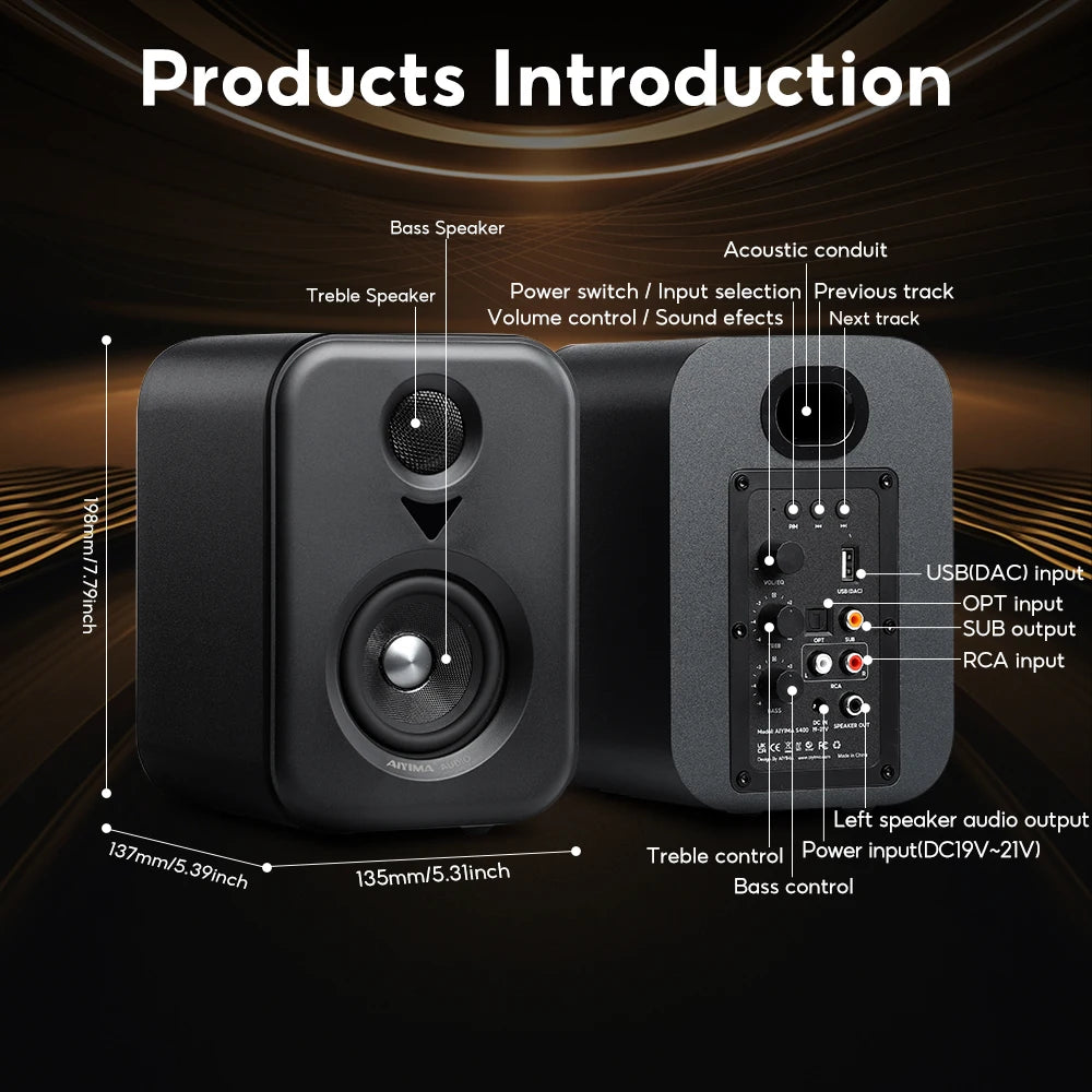 AIYIMA S400 – Enceintes de Bibliothèque Audio Actives | Studio HiFi 50W × 2 avec Bluetooth & USB DAC