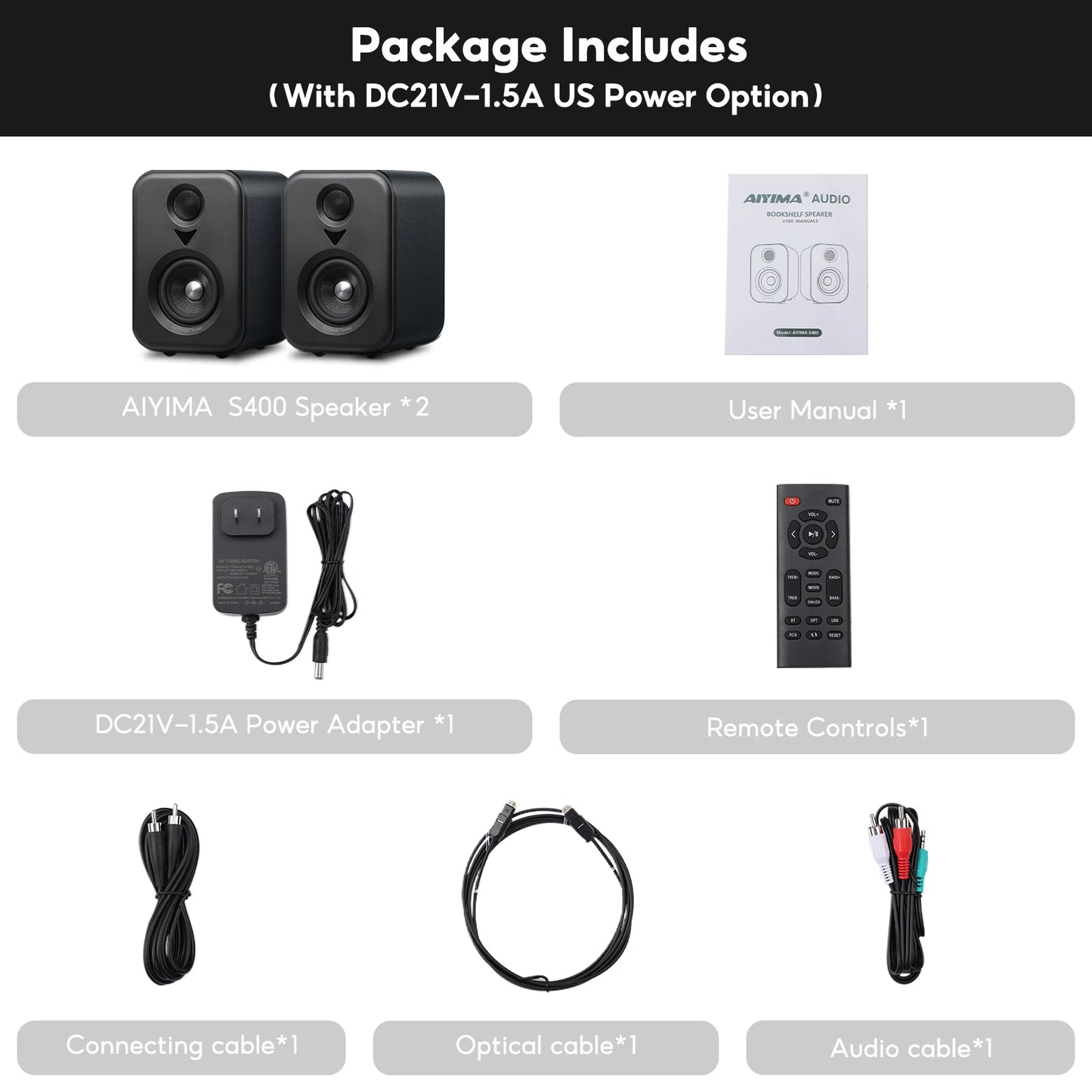 AIYIMA S400 – Enceintes de Bibliothèque Audio Actives | Studio HiFi 50W × 2 avec Bluetooth & USB DAC