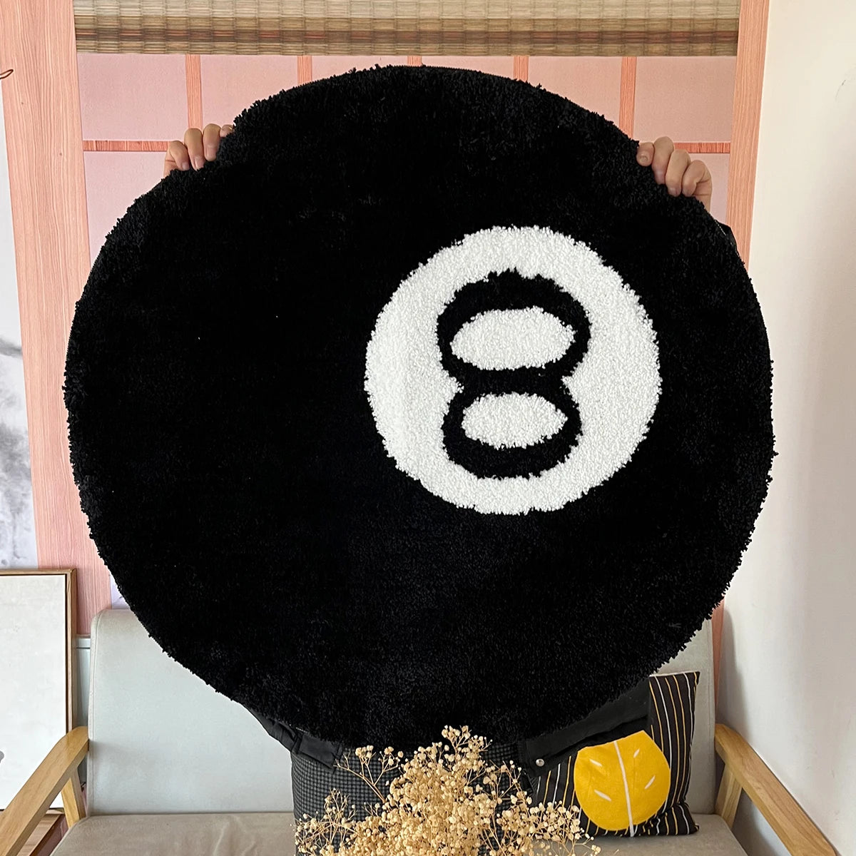 Tapis Rond Noir Billard – Design 8 Boules – Doux & Antidérapant pour Chambre ou Salon