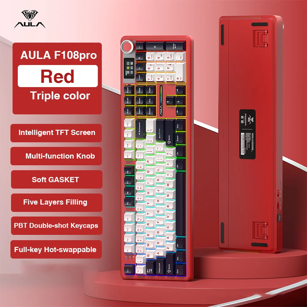Clavier Mécanique AULA F108 Pro – Sans Fil Bluetooth, Écran TFT Intelligent, Hot-Swap, RGB