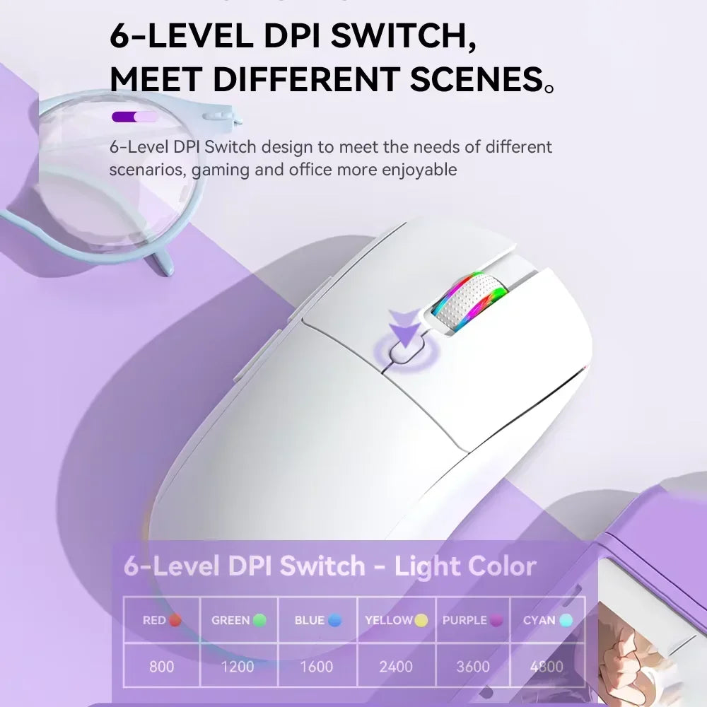 Souris de Jeu Tri‑Mode 4800 DPI – Bluetooth, 2,4 GHz & Filaire, RGB, Rechargeable