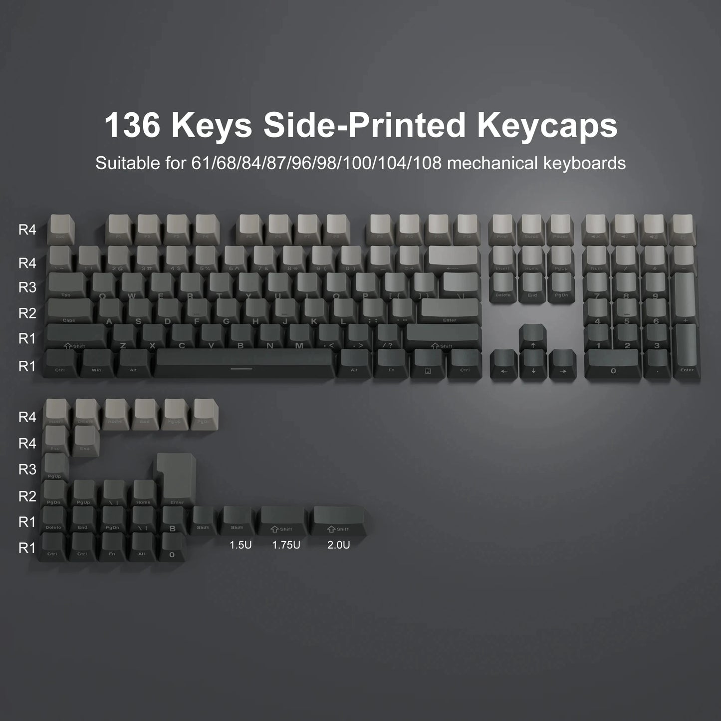 Set de Keycaps PBT Noirs – 123 Touches, Rétroéclairés, Profil Cherry