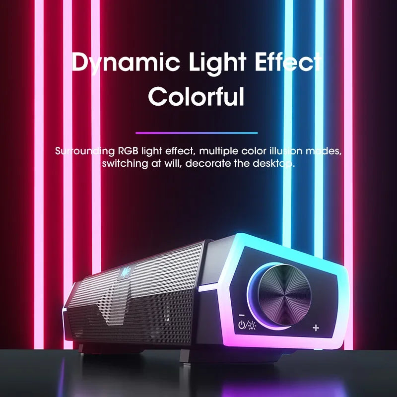 Barre de Son RGB Bluetooth 5.3 pour PC & Gaming – Son Stéréo 4D, Filaire & Sans Fil, Effet Lumineux RGB