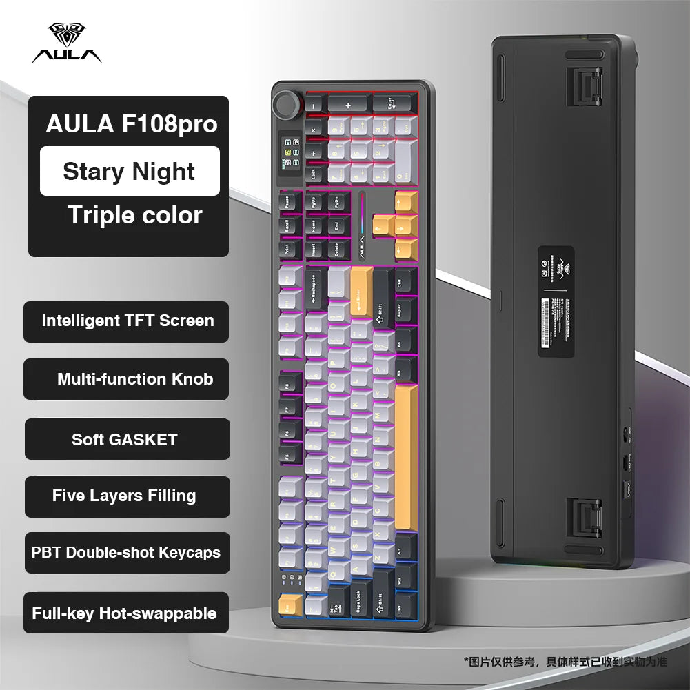 Clavier Mécanique AULA F108 Pro – Sans Fil Bluetooth, Écran TFT Intelligent, Hot-Swap, RGB