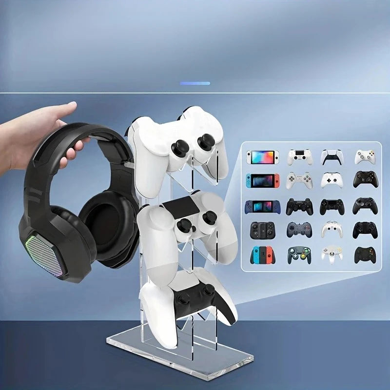 Support de Manettes & Casque 3 Niveaux – Compatible PS5, PS4, Xbox, Switch – Acrylique Transparent