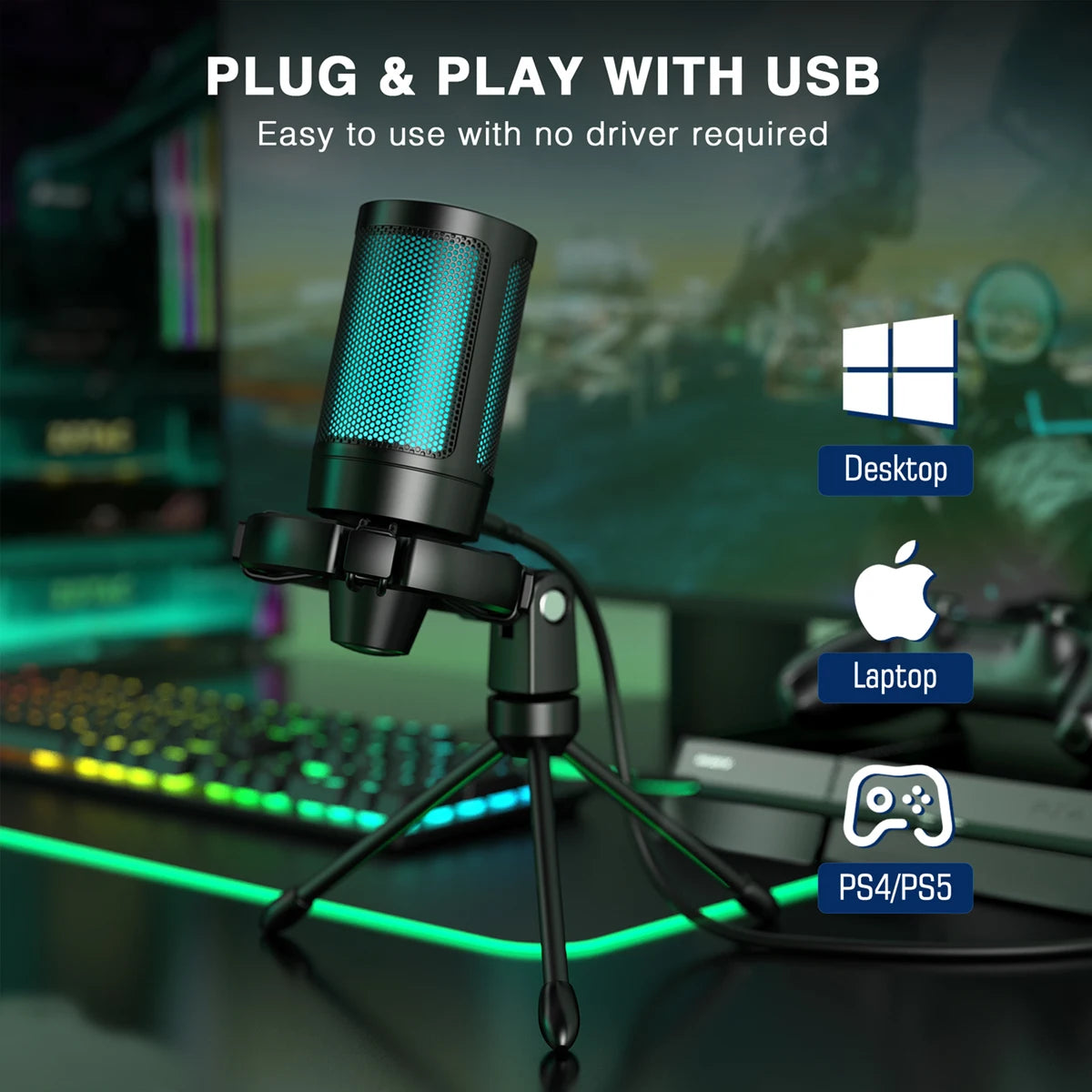 Microphone USB Gamer FIFINE AmpliGame A2 – Condensateur RGB | Tactile mute | Trépied inclus | PC, PS4/PS5