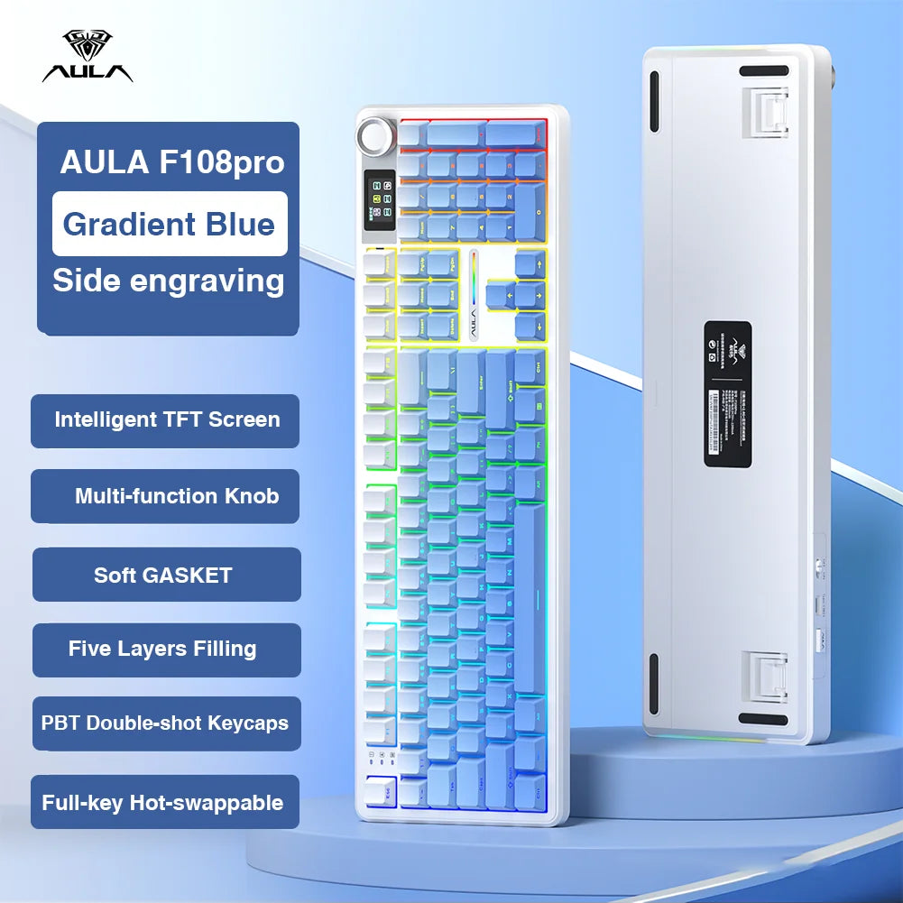 Clavier Mécanique AULA F108 Pro – Sans Fil Bluetooth, Écran TFT Intelligent, Hot-Swap, RGB