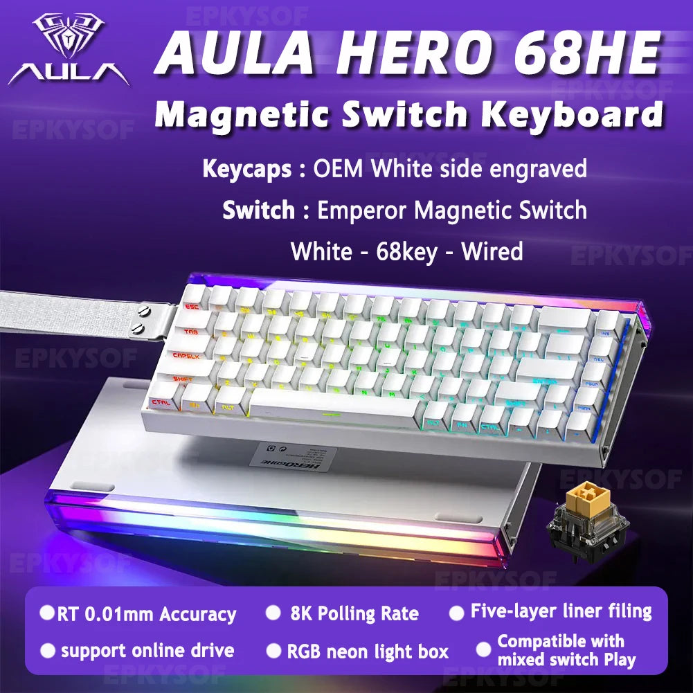 Clavier Gaming AULA HERO 68HE – Switch Magnétique, 68 Touches, RGB, 8K Polling Rate – Filaire Esport