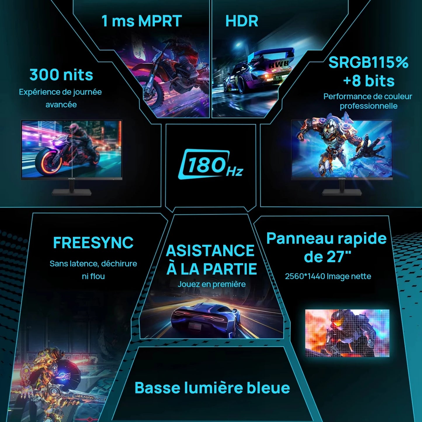 ARZOPA M1RC – Moniteur Gaming 27" QHD 2K, 180Hz, IPS, FreeSync, 1ms