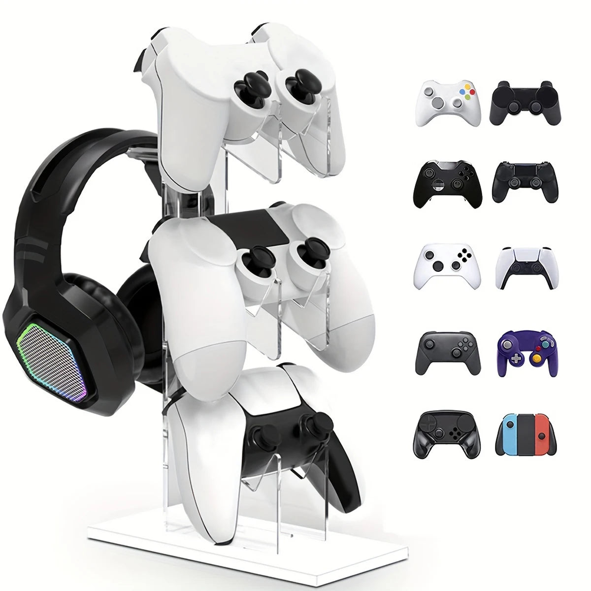 Support de Manettes & Casque 3 Niveaux – Compatible PS5, PS4, Xbox, Switch – Acrylique Transparent