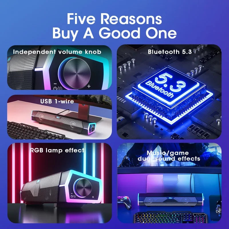 Barre de Son RGB Bluetooth 5.3 pour PC & Gaming – Son Stéréo 4D, Filaire & Sans Fil, Effet Lumineux RGB