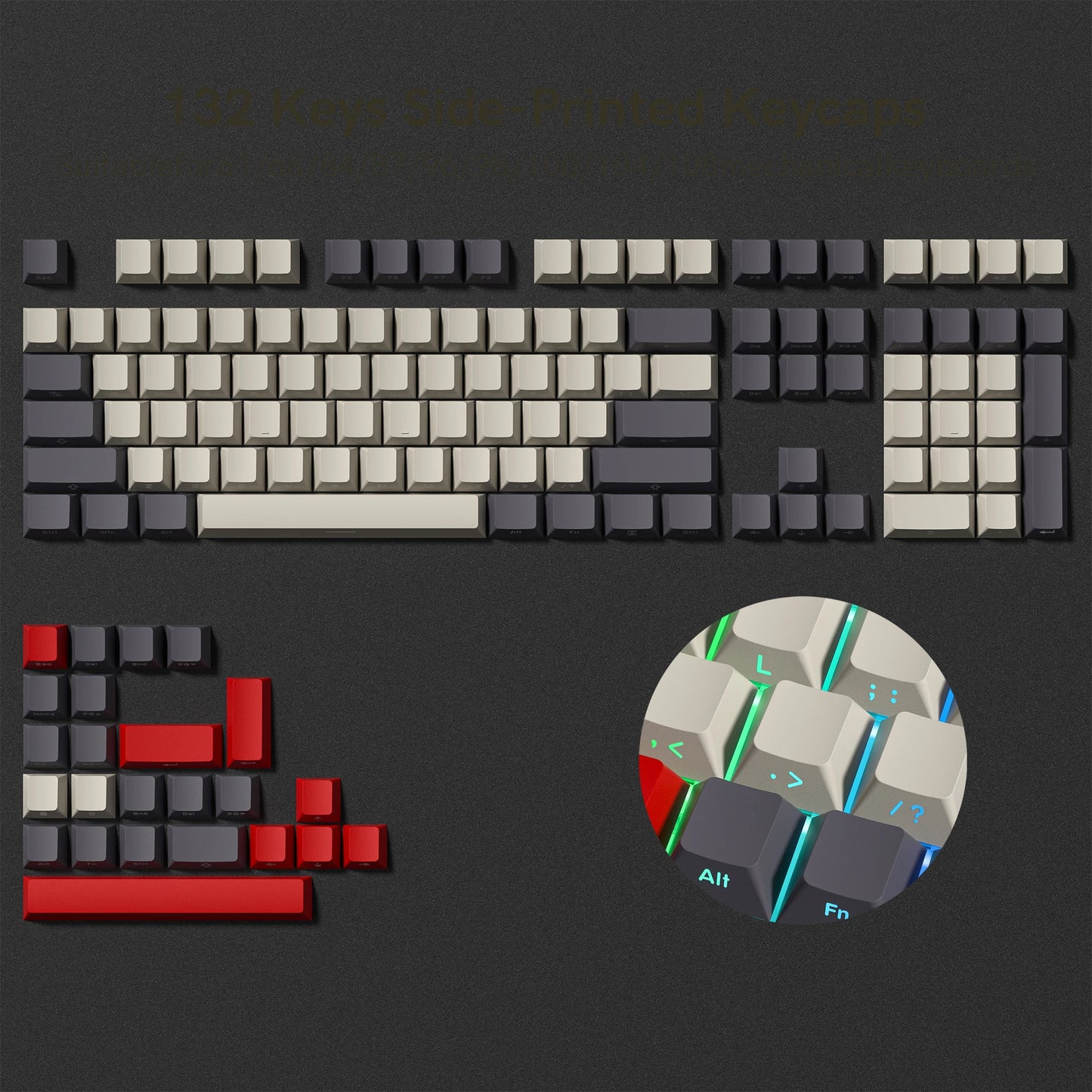 Set de Keycaps PBT Noirs – 123 Touches, Rétroéclairés, Profil Cherry