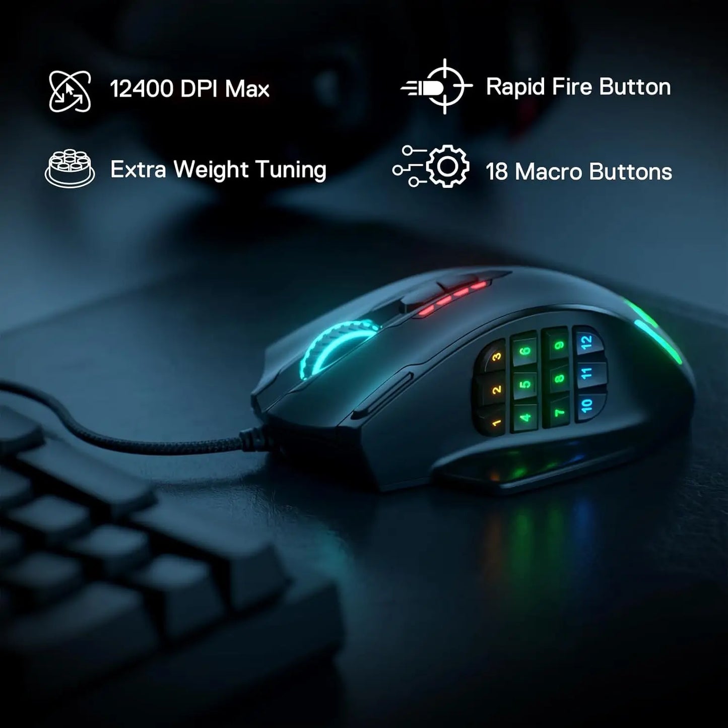 Redragon M908 Impact – Souris Gaming Filaire RGB, 12400 DPI, 18 Boutons Programmables, Poids Ajustable