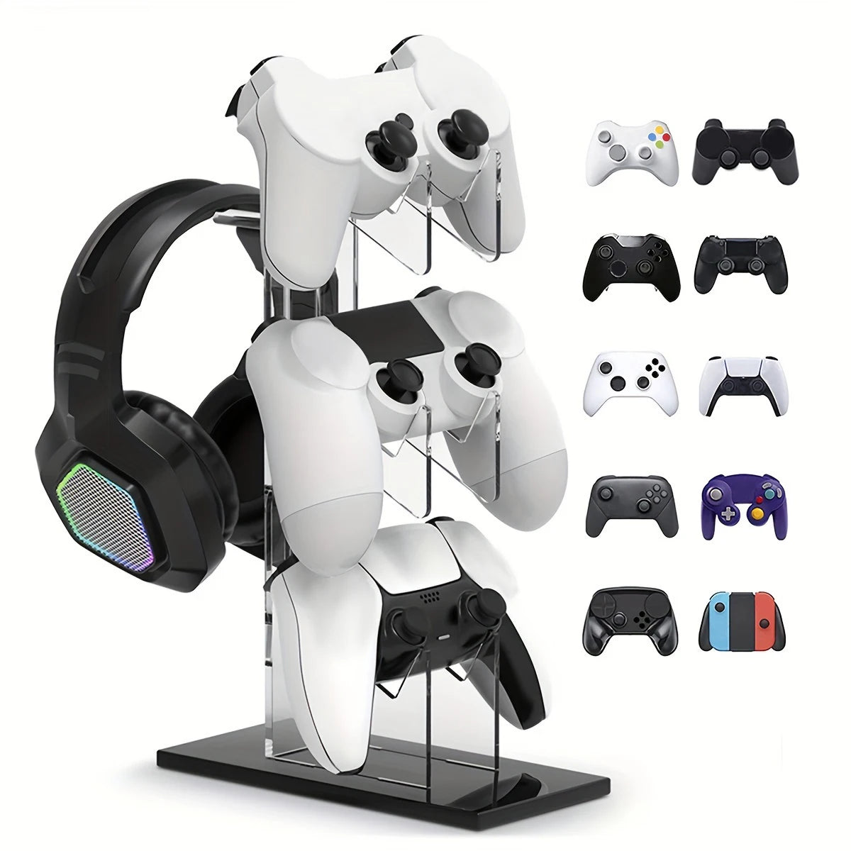 Support de Manettes & Casque 3 Niveaux – Compatible PS5, PS4, Xbox, Switch – Acrylique Transparent