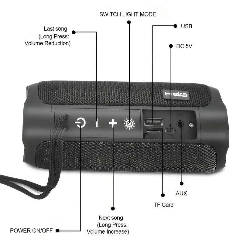 Enceinte Bluetooth Portable TG227 – Étanche IPX5, LED, Radio FM, Bass Boost, 1200 mAh