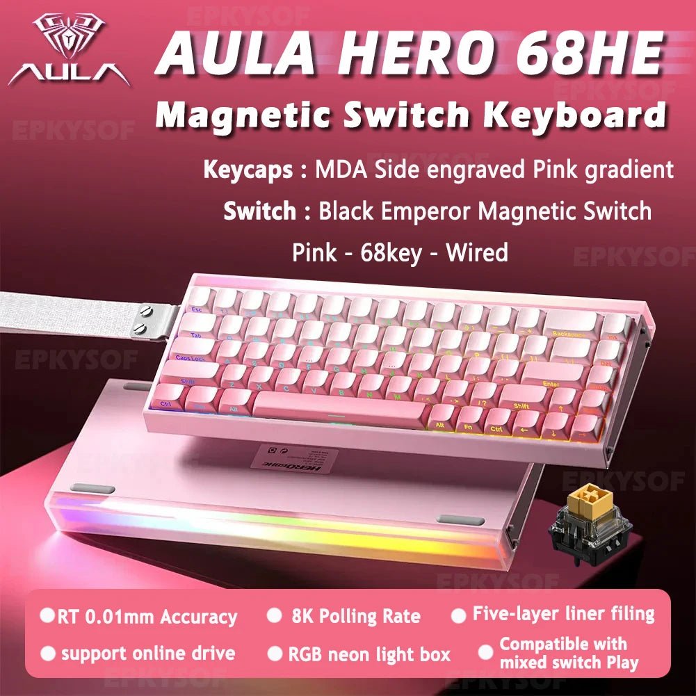 Clavier Gaming AULA HERO 68HE – Switch Magnétique, 68 Touches, RGB, 8K Polling Rate – Filaire Esport