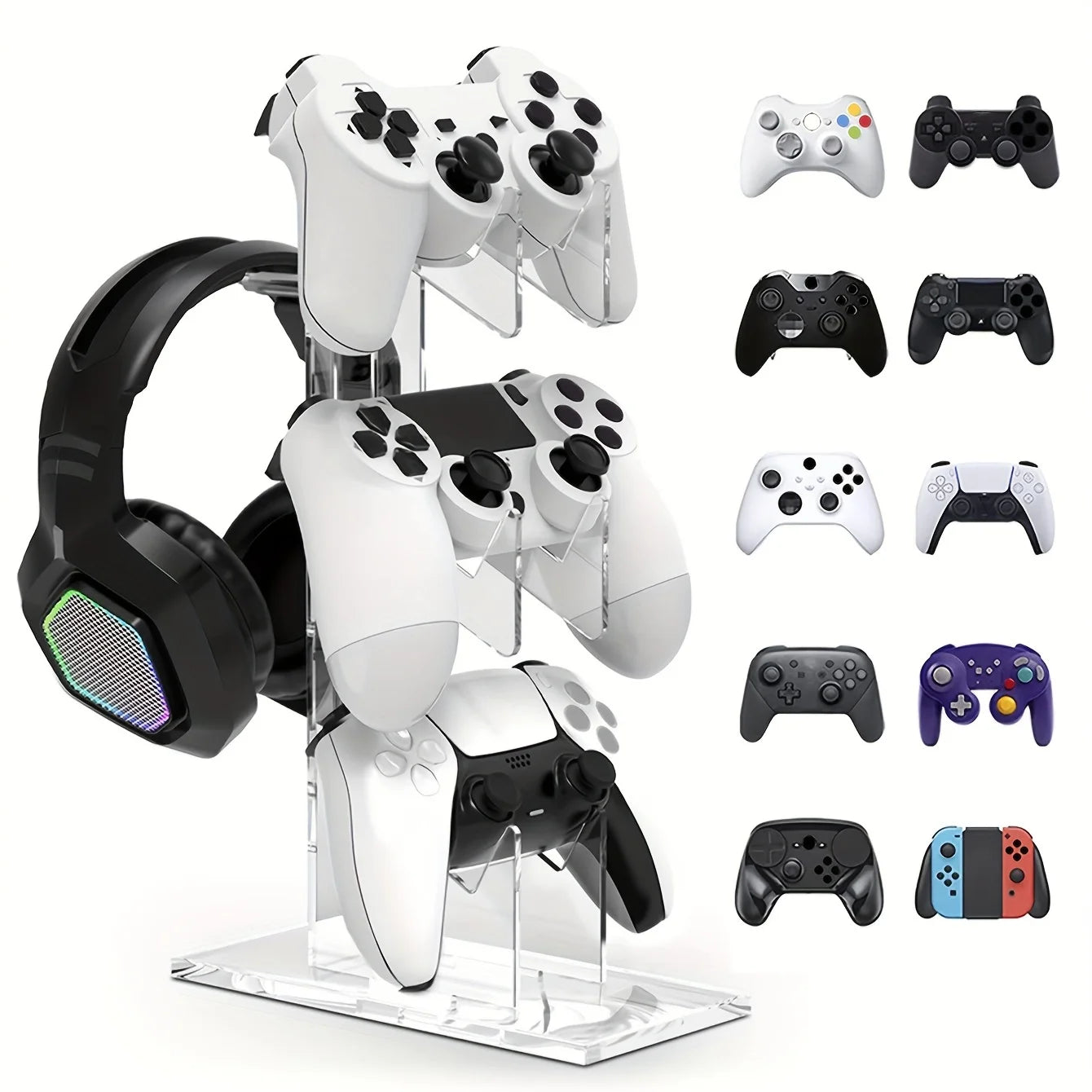Support de Manettes & Casque 3 Niveaux – Compatible PS5, PS4, Xbox, Switch – Acrylique Transparent