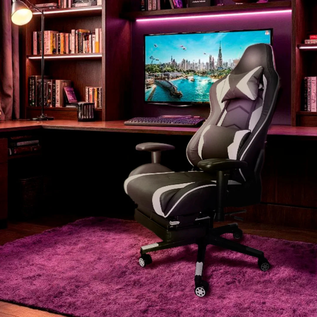 Chaise Gaming Ergonomique à Dossier Haut – Rotation 360°, Support Lombaire, Repose-Pieds Intégré