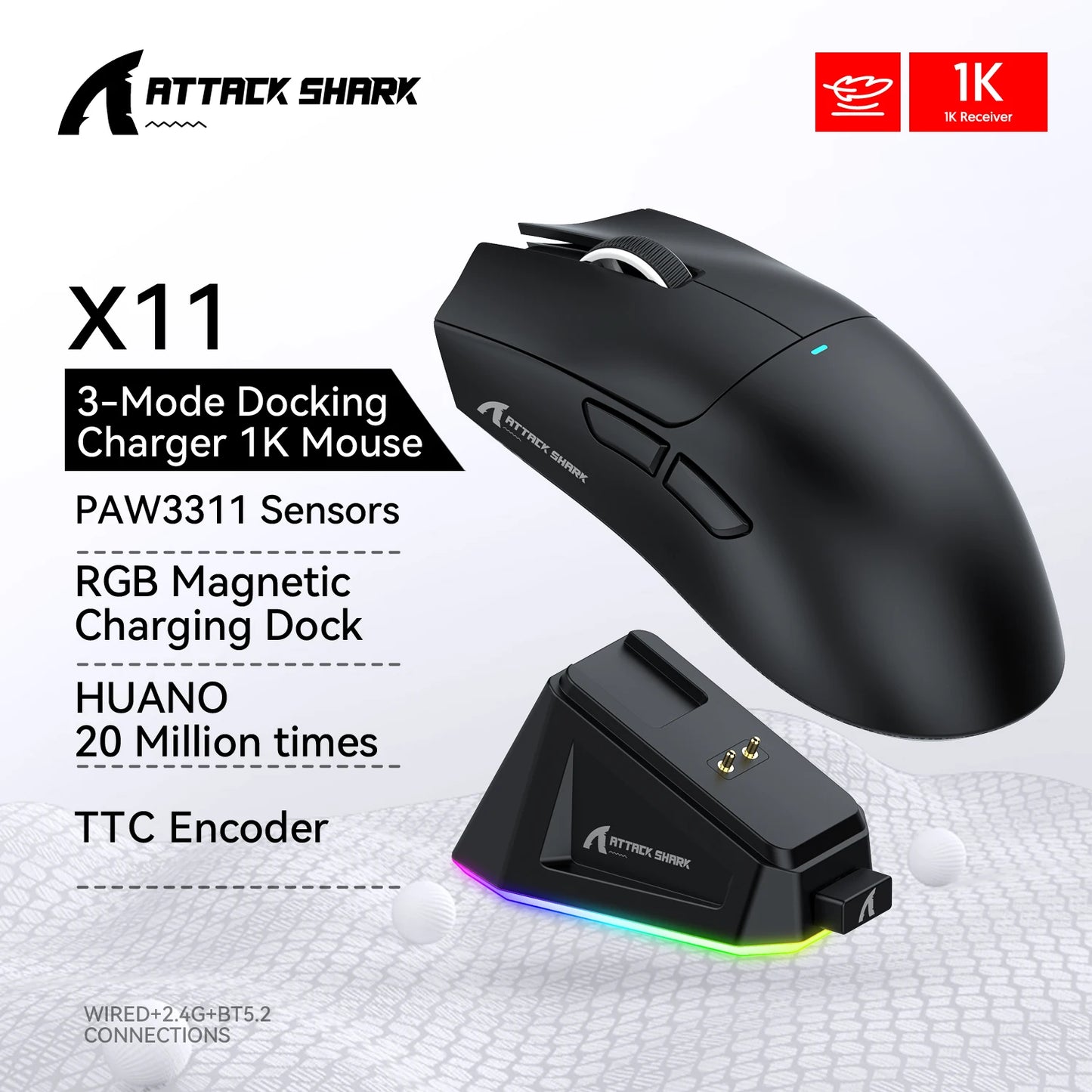 Souris Gaming Attack Shark X11 – 22000 DPI, Tri-Mode (USB, 2.4GHz, Bluetooth), Dock de Recharge Magnétique RGB