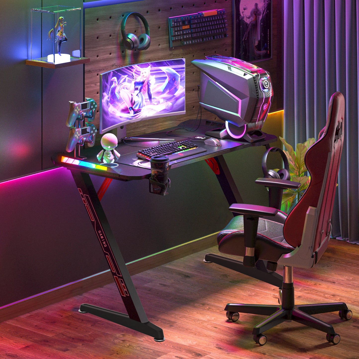 Bureau Gaming RGB 140 cm – LED Dynamiques, Plateau XXL, Pieds Métal Robustes