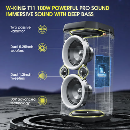 W-KING Enceinte Bluetooth 100W avec Basses Puissantes, IPX6 Étanche, Lumières LED, Bluetooth 5.3 – Boombox Portable pour Fêtes