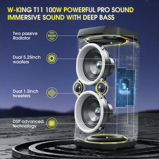 W-KING Enceinte Bluetooth 100W avec Basses Puissantes, IPX6 Étanche, Lumières LED, Bluetooth 5.3 – Boombox Portable pour Fêtes