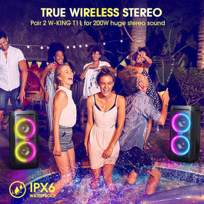 W-KING Enceinte Bluetooth 100W avec Basses Puissantes, IPX6 Étanche, Lumières LED, Bluetooth 5.3 – Boombox Portable pour Fêtes