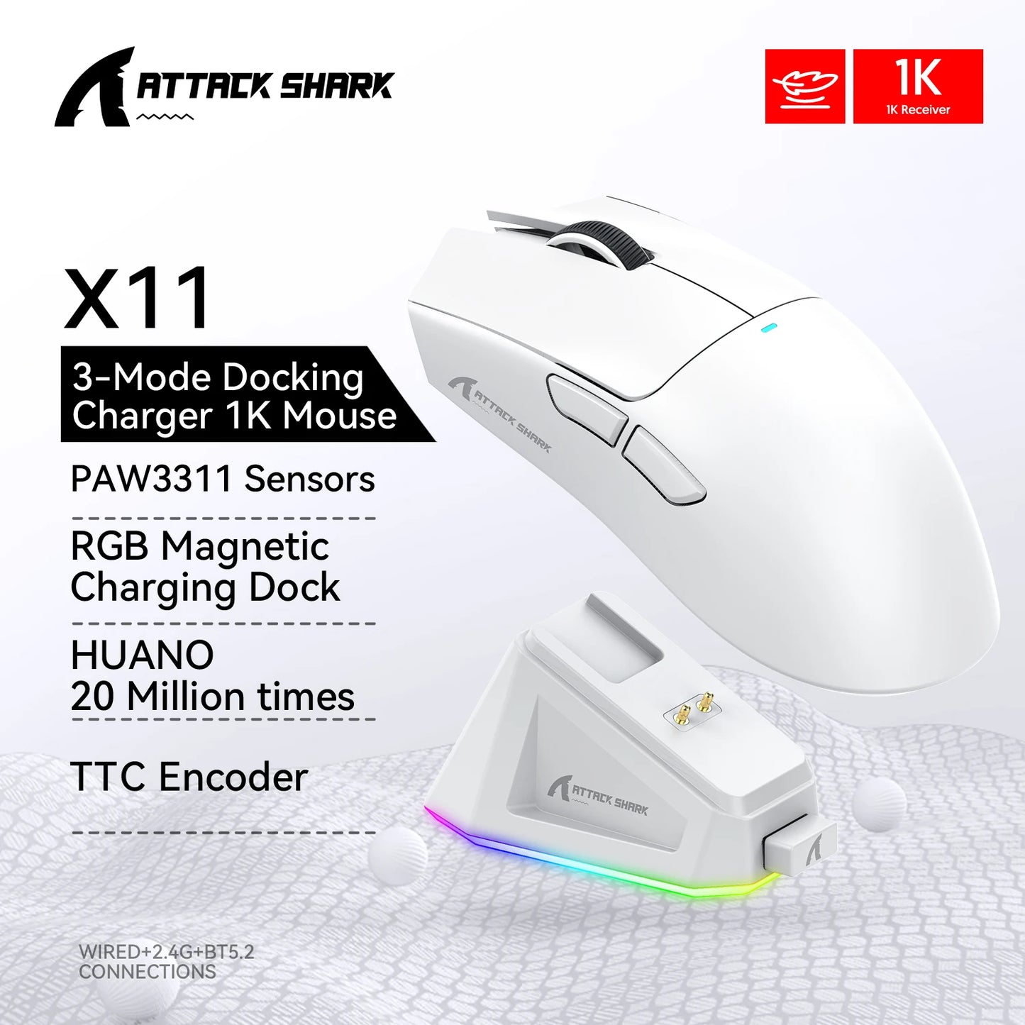 Souris Gaming Attack Shark X11 – 22000 DPI, Tri-Mode (USB, 2.4GHz, Bluetooth), Dock de Recharge Magnétique RGB