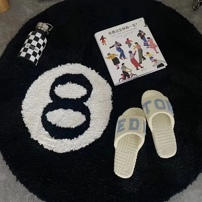 Tapis Rond Noir Billard – Design 8 Boules – Doux & Antidérapant pour Chambre ou Salon