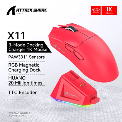 Souris Gaming Attack Shark X11 – 22000 DPI, Tri-Mode (USB, 2.4GHz, Bluetooth), Dock de Recharge Magnétique RGB