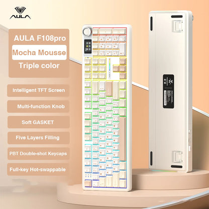 Clavier Mécanique AULA F108 Pro – Sans Fil Bluetooth, Écran TFT Intelligent, Hot-Swap, RGB