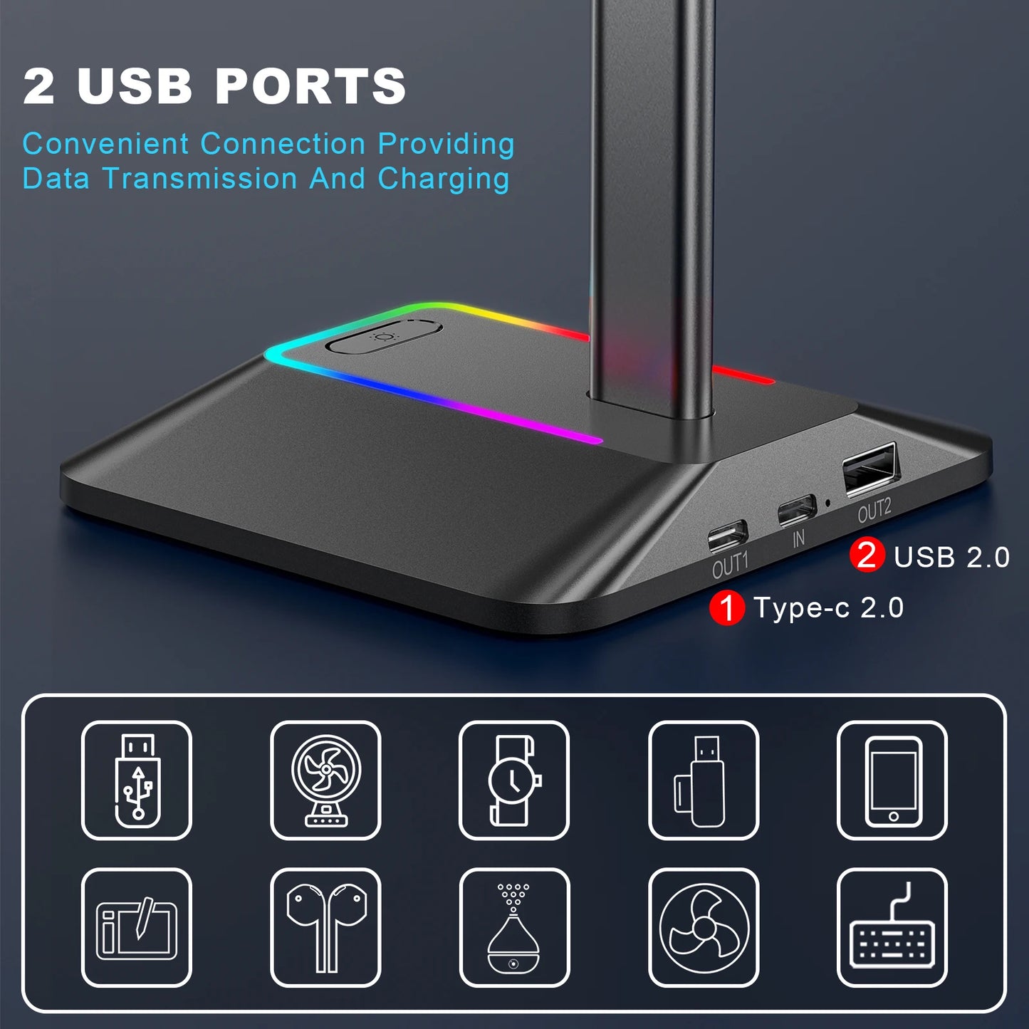 Support Casque Gaming RGB New Bee Z8 – Base Antidérapante + 2 Ports USB