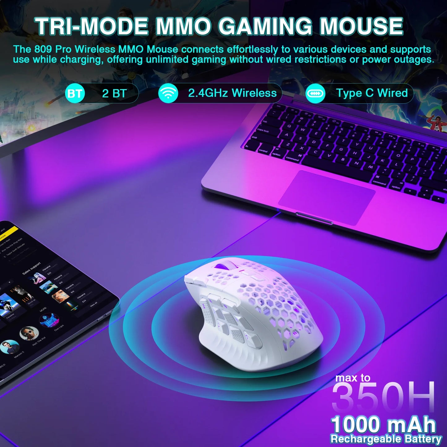 Souris Gaming MMO sans Fil – 16 Boutons Programmables | 24000 DPI RGB