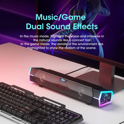 Barre de Son RGB Bluetooth 5.3 pour PC & Gaming – Son Stéréo 4D, Filaire & Sans Fil, Effet Lumineux RGB
