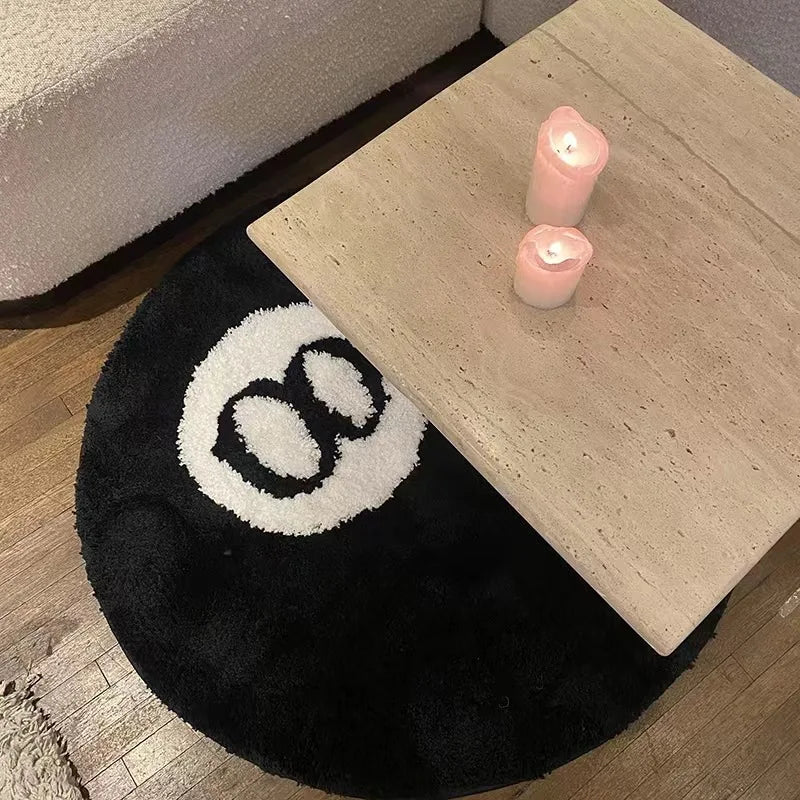 Tapis Rond Noir Billard – Design 8 Boules – Doux & Antidérapant pour Chambre ou Salon
