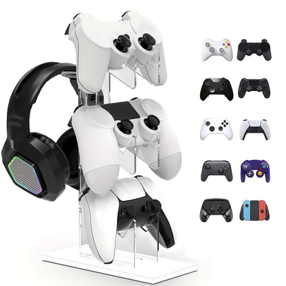 Support de Manettes & Casque 3 Niveaux – Compatible PS5, PS4, Xbox, Switch – Acrylique Transparent