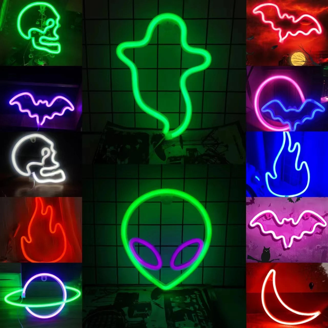 🎃 Décoration Murale LED Néon Halloween – Chauve-Souris & Fantôme