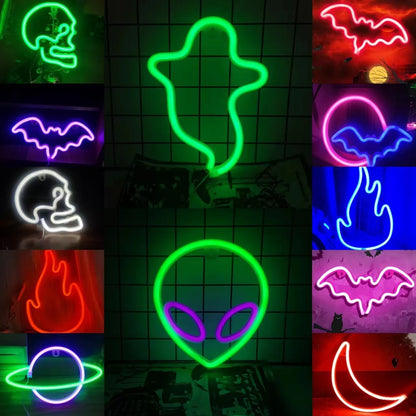 🎃 Décoration Murale LED Néon Halloween – Chauve-Souris & Fantôme