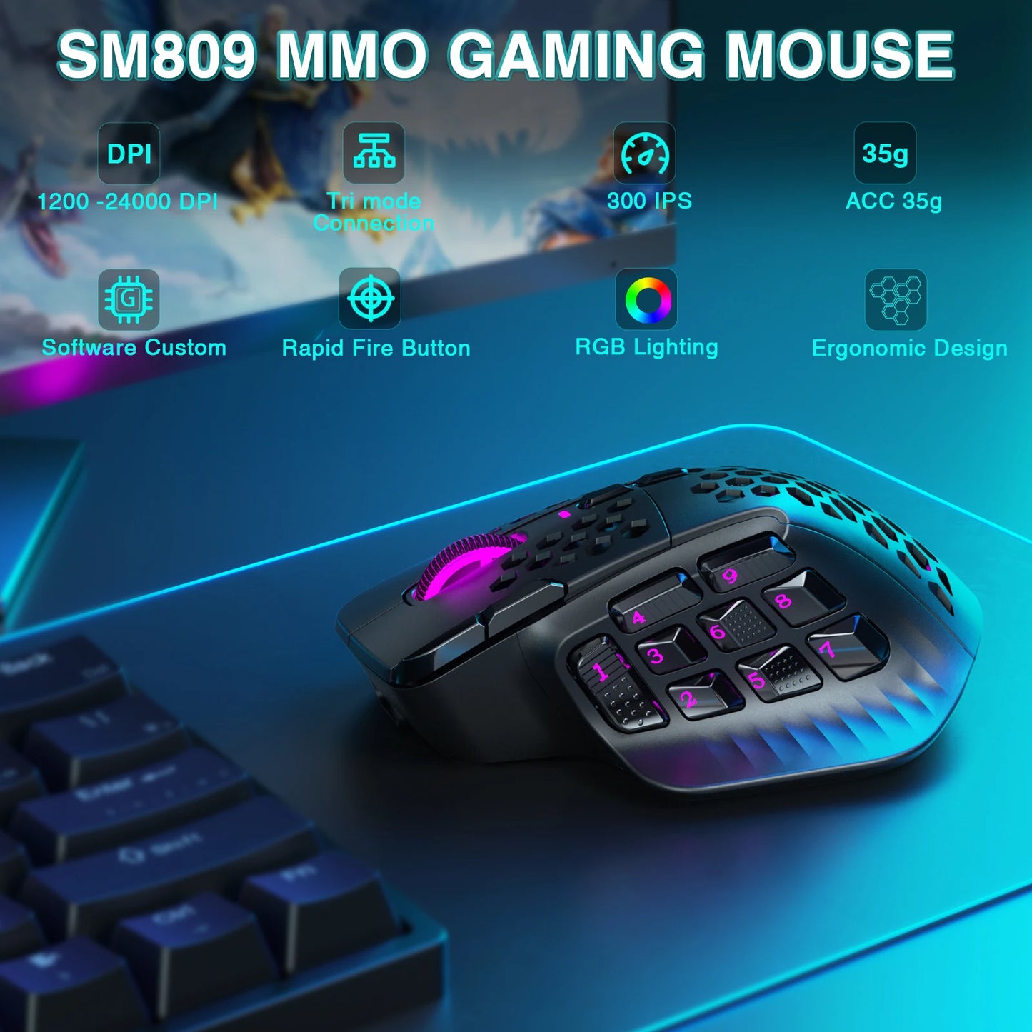 Souris Gaming MMO sans Fil – 16 Boutons Programmables | 24000 DPI RGB