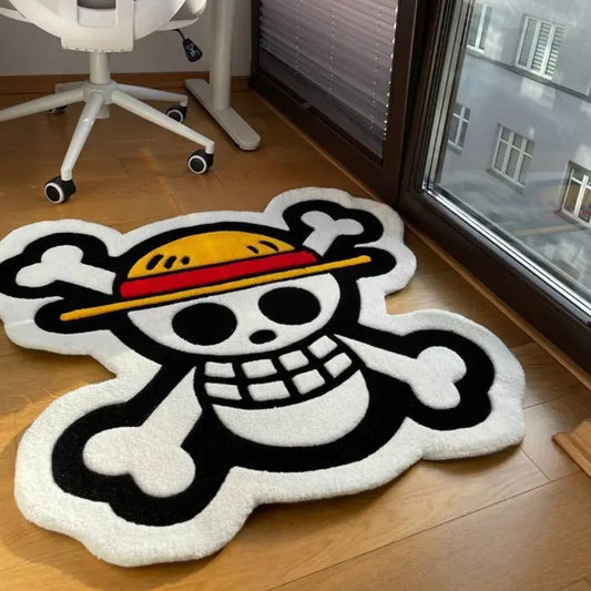 Tapis de sol en peluche One Piece – Logo Jolly Roger Luffy – Déco Chambre Otaku