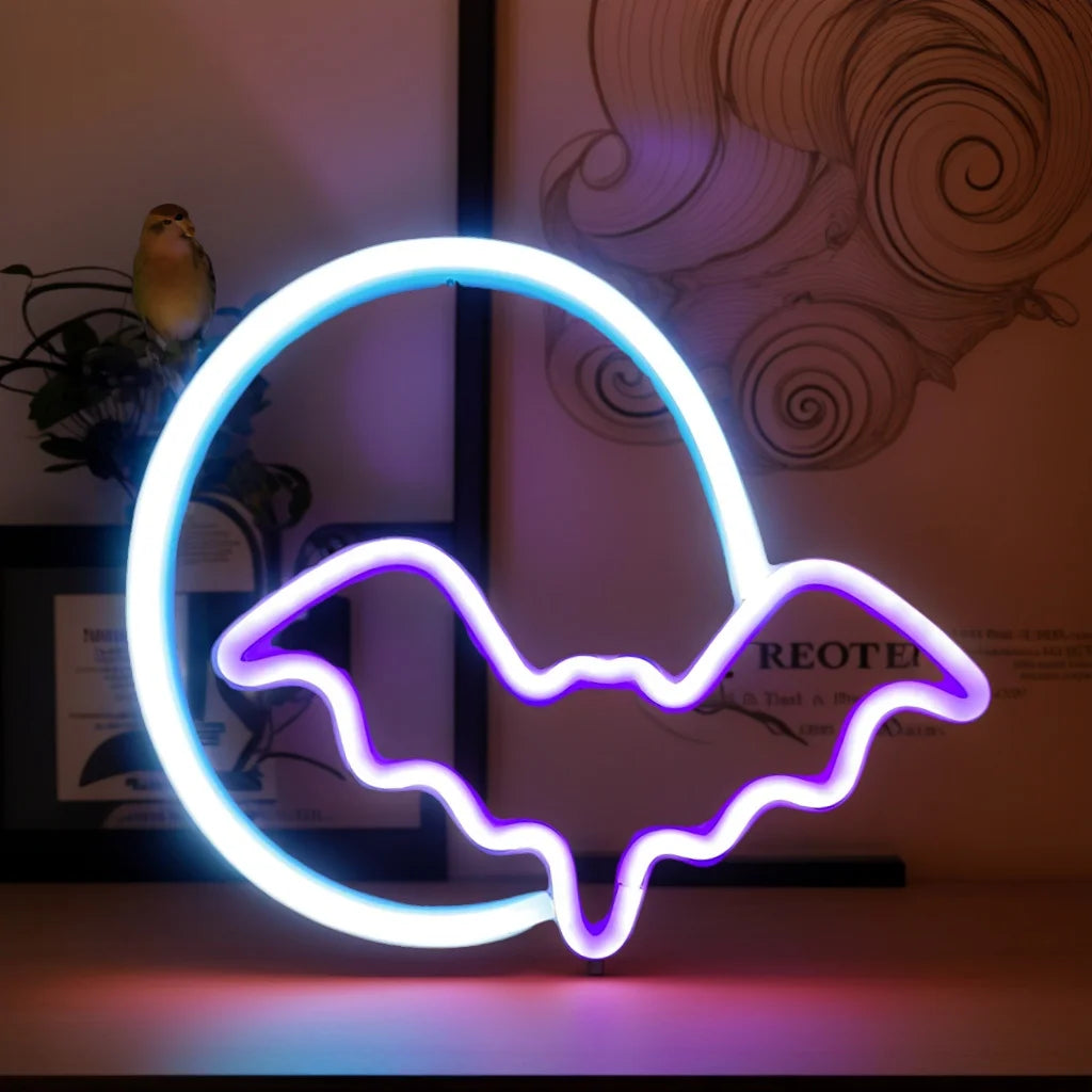 🎃 Décoration Murale LED Néon Halloween – Chauve-Souris & Fantôme